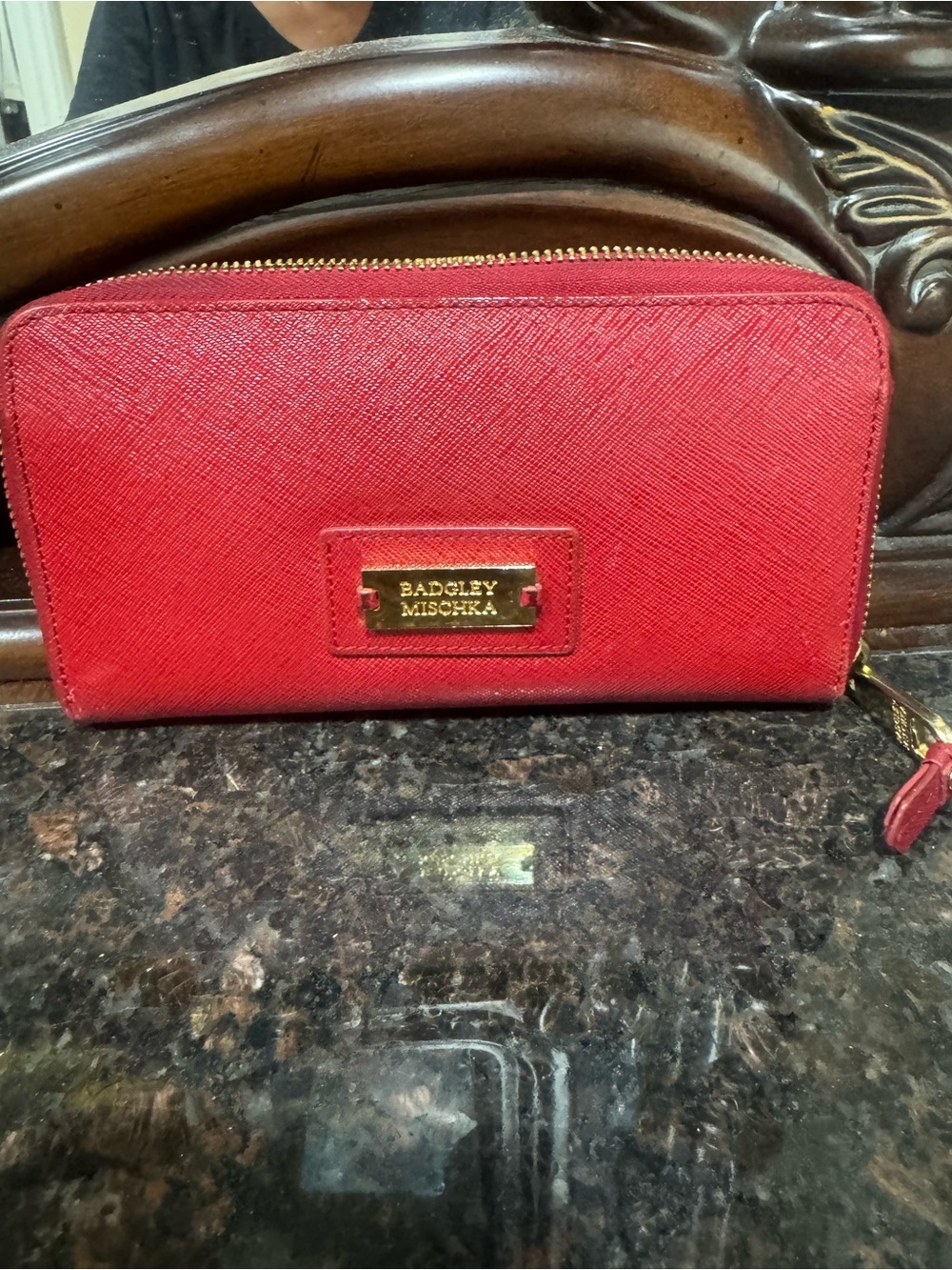Badgley Mischka Red Saffiano Zip Wallet with Gold Plate